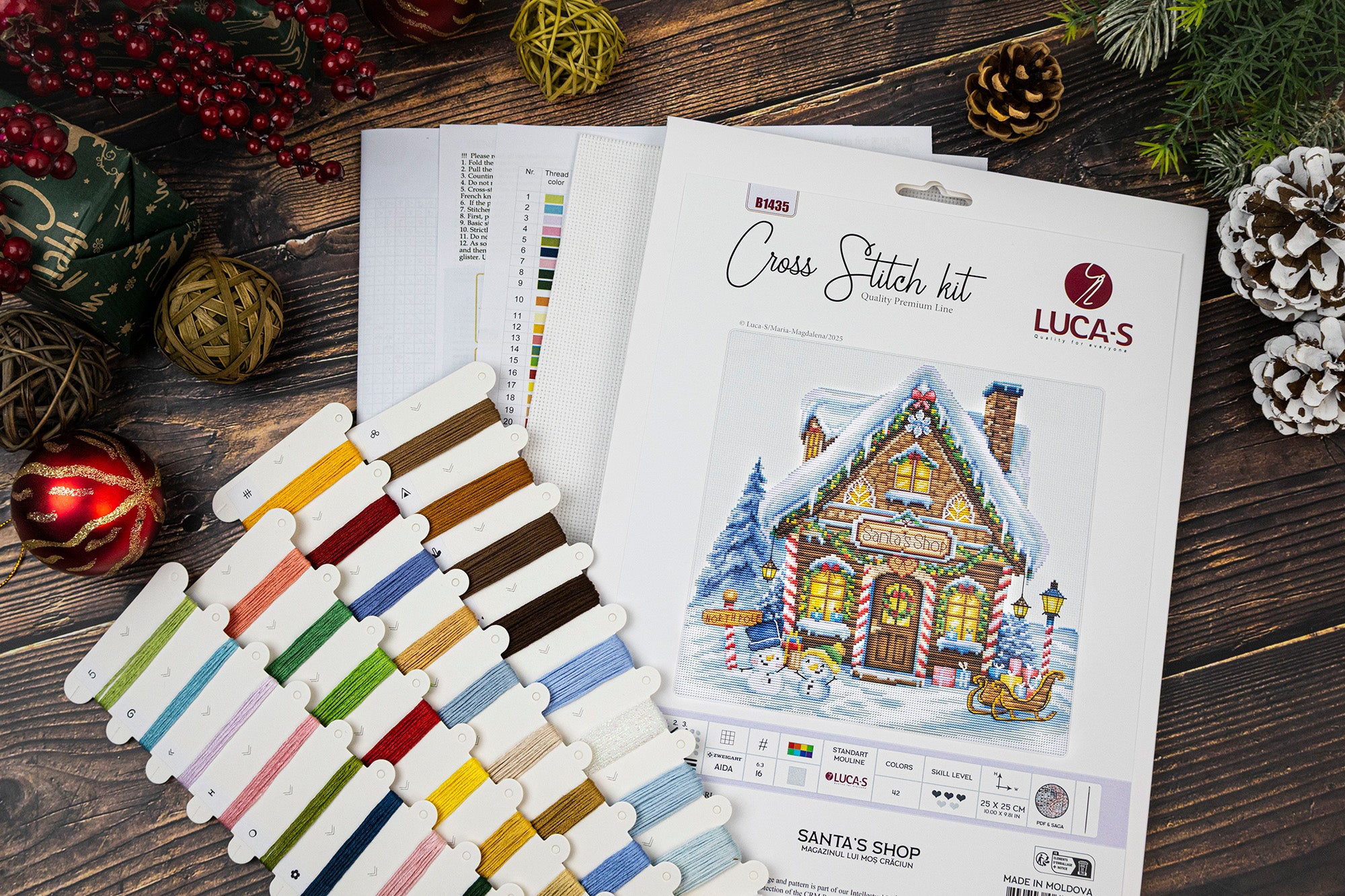 Luca-S B1435 Santa's Shop Cross Stitch Kit, Zweigart Aida 16ct Fabric, 100% Cotton Thread, 25 x 25 cm Finished Size, 42 Colors