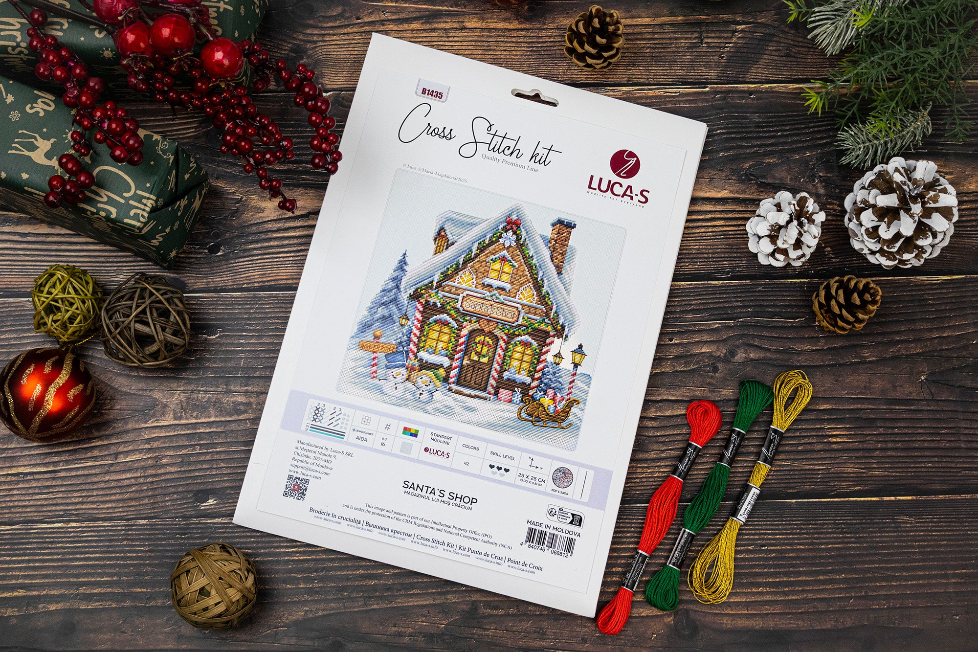 Luca-S B1435 Santa's Shop Cross Stitch Kit, Zweigart Aida 16ct Fabric, 100% Cotton Thread, 25 x 25 cm Finished Size, 42 Colors