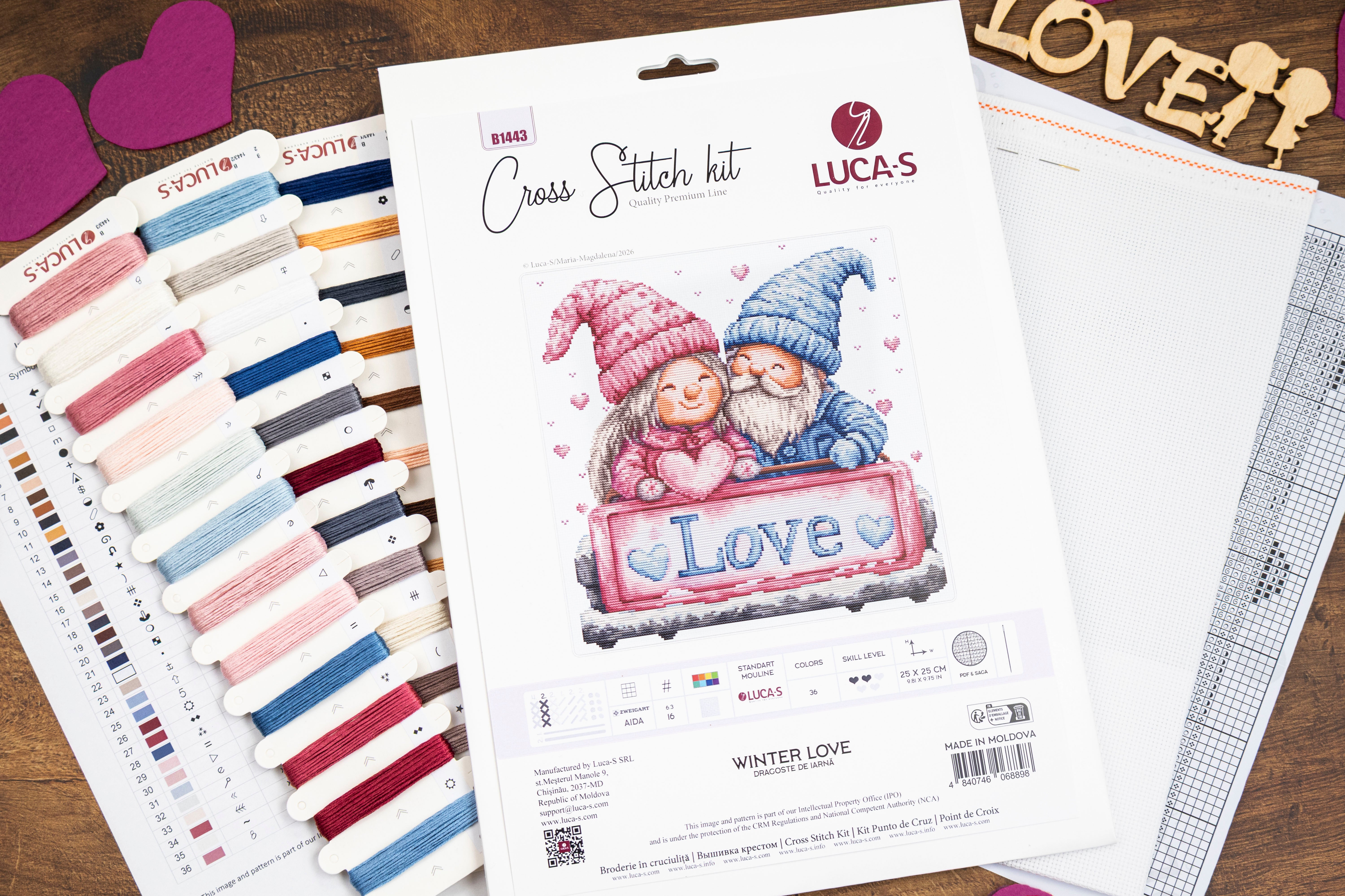 Luca-S B1443 Winter Love Cross Stitch Kit, Zweigart Aida 16 Fabric, 100% Cotton Threads, 25 x 25 cm Finished Size, 36 Colors