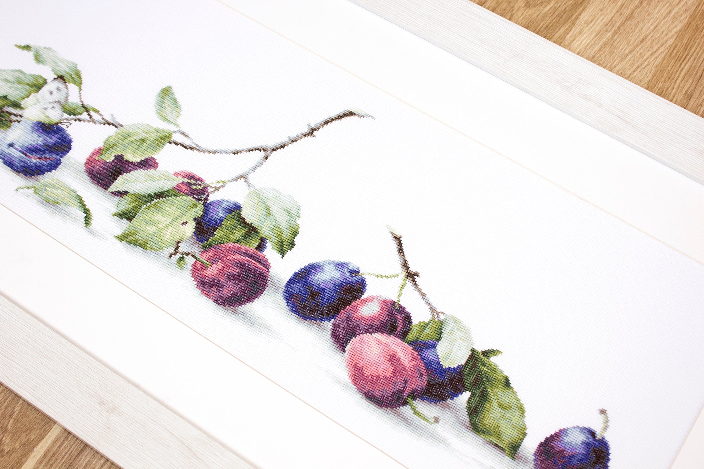 Luca-S B2257 Plums Cross Stitch Kit, Aida 18 Zweigart Canvas 57.5x18 cm, Anchor Muline Threads, Premium Quality Embroidery Set