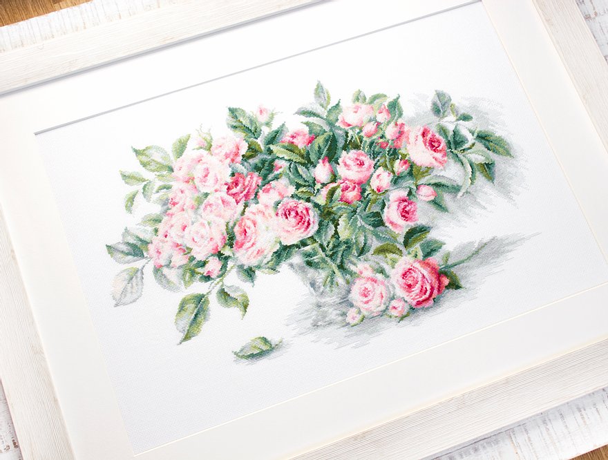 Luca-S B2286 Cross Stitch Embroidery Kit Bouquet of Pink Roses by Elena Bazanova, 47 Colors, 43.5 x 28 cm, Aida 18 Zweigart Fabric, Anchor Mouline Thread
