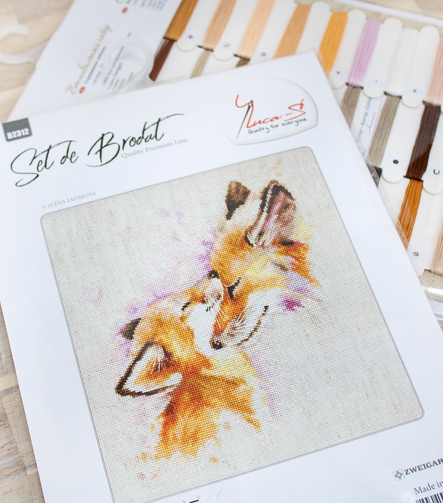 Kit Broderie Luca-S B2312 Vulpi (Foxes), Material Zweigart Aida 16 Rustic, 20x22.5 cm, Aste Anchor Bumbac Mouliné
