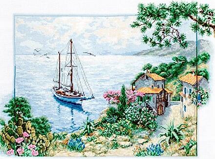 Kit de cusut în cruce Luca-S B2343 Peisaj marin, 48 de culori, Pânză Aida 18 ct Zweigart, 38.5x28 cm, Aste Anchor din bumbac