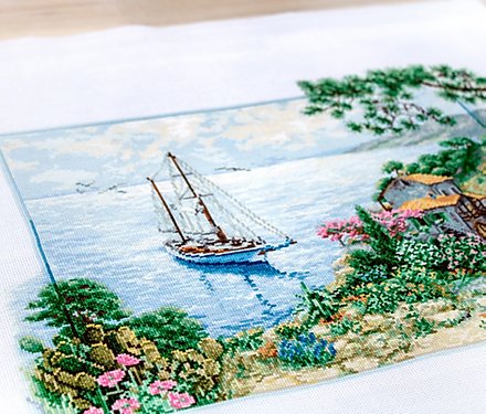 Kit de cusut în cruce Luca-S B2343 Peisaj marin, 48 de culori, Pânză Aida 18 ct Zweigart, 38.5x28 cm, Aste Anchor din bumbac