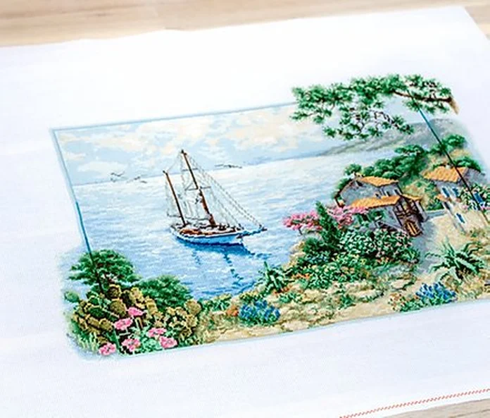Kit de cusut în cruce Luca-S B2343 Peisaj marin, 48 de culori, Pânză Aida 18 ct Zweigart, 38.5x28 cm, Aste Anchor din bumbac