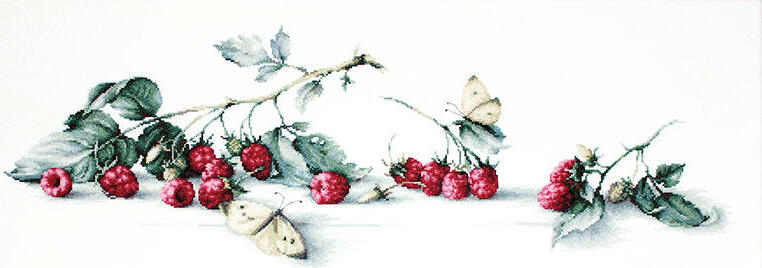 Luca-S B2253 Raspberries with Butterfly Counted Cross Stitch Kit, Aida 18 Zweigart Fabric, Anchor Muline Thread, 35 Colors, 59x20 cm, by Elena Bazanova