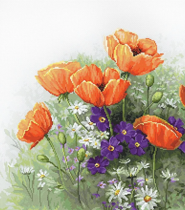 Luca-S B2368 Maci Poppies Cross Stitch Kit, Zweigart Aida 18ct Fabric, Anchor Mouline Threads, 45 Colors, 28.5x28 cm