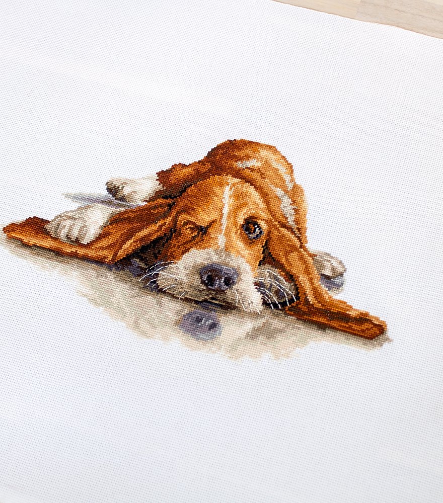 Набор для вышивания Luca-S B2341 Basset Hound, 28 цветов, 28.5x15.5 см, канва Zweigart Aida 18 count белая, нити Anchor muline