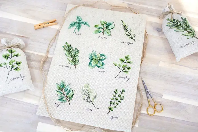 Luca-S B2346 Spices and Herbs Cross Stitch Kit, Zweigart Aida 16 ct Fabric, Anchor Muline Threads, 21.5 x 30.5 cm, Pre-sorted Embroidery Set