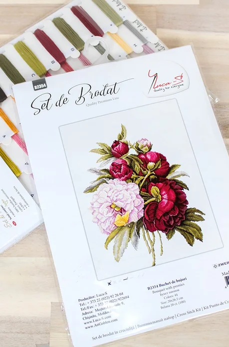 Luca-S B2354 Bouquet with Peonies Cross Stitch Embroidery Kit, 44 Colors, 20x26.5 cm, Zweigart Belana 20 ct Fabric, Anchor Premium Muline Threads