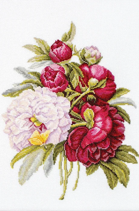 Luca-S B2354 Bouquet with Peonies Cross Stitch Embroidery Kit, 44 Colors, 20x26.5 cm, Zweigart Belana 20 ct Fabric, Anchor Premium Muline Threads