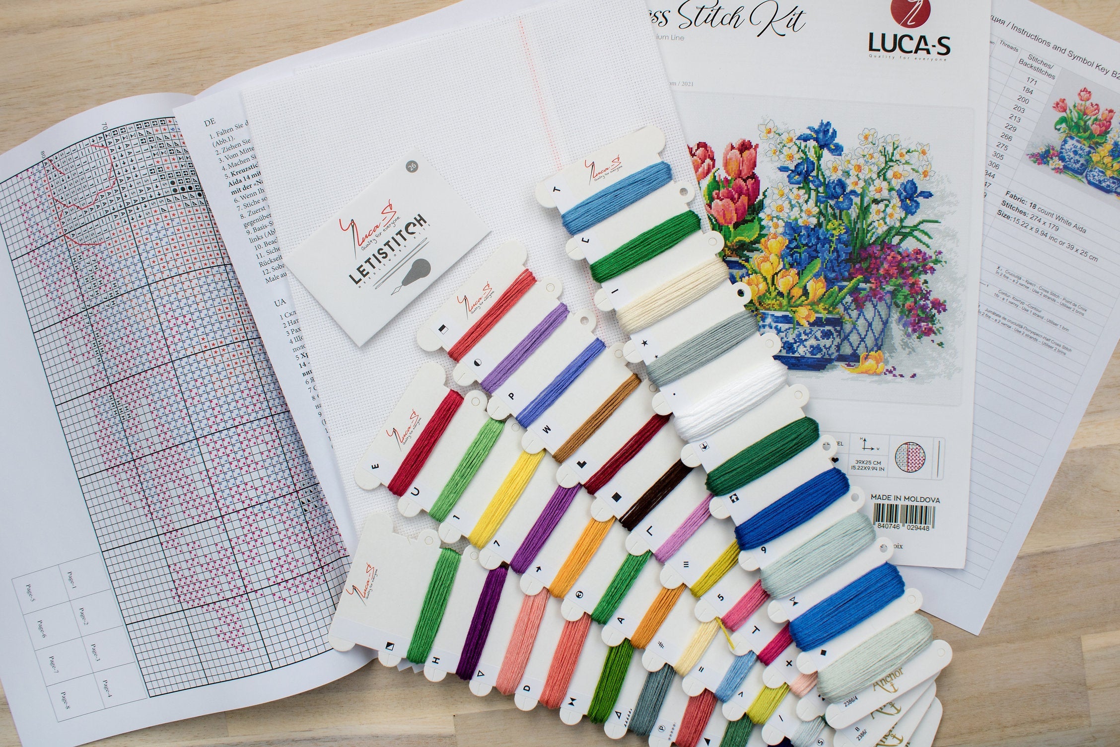 Luca-S B2386 Spring Flowers Cross Stitch Embroidery Kit, Aida 18 ct Zweigart Fabric, Anchor Threads, 39x25 cm, 45 Colors