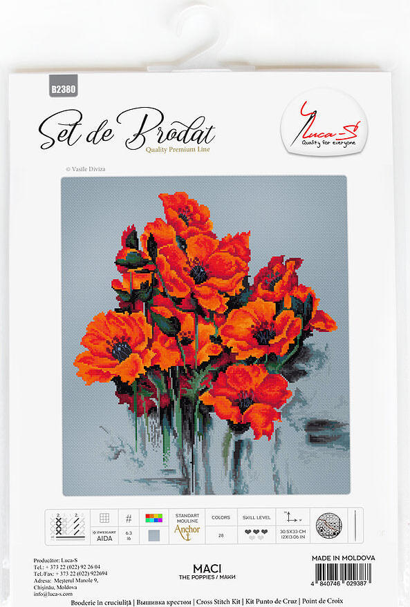 Luca-S B2380 Maci (The Poppies) Cross Stitch Kit, Zweigart Aida 16ct Fabric, Anchor Cotton Thread, 30.5 x 33 cm, 28 Colors