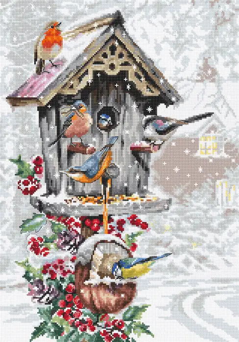 Kit Broderie în Cruce Luca-S B2399 Căsuța pentru păsări, Material Aida 16 ct Zweigart, Aste Anchor și Metalice, 54 Culori, 25 x 36 cm