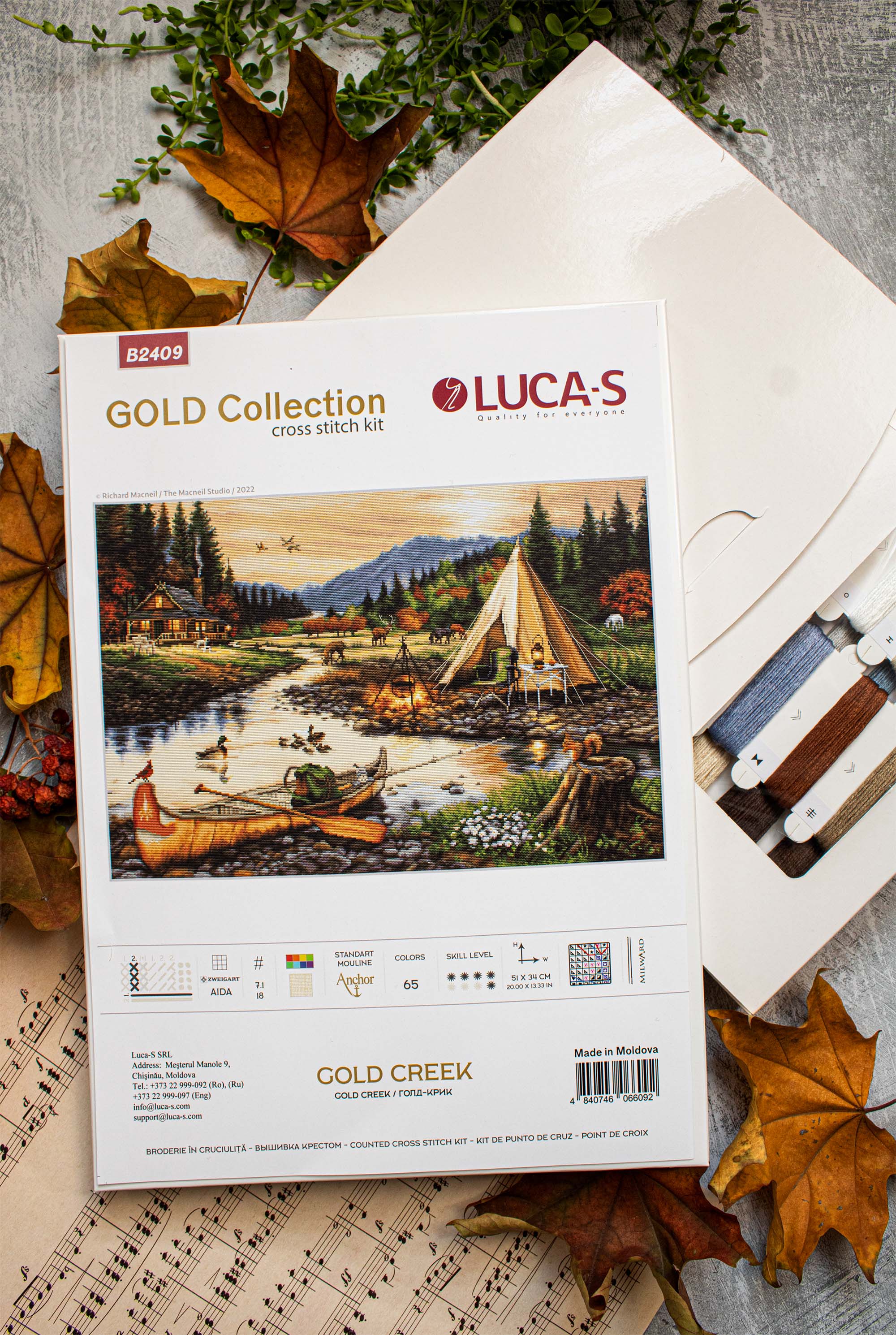 Luca-S Gold Creek Cross Stitch Kit by Elena Samarskaya, Zweigart Aida 18 ct Canvas Embroidery Set, 51 x 34 cm, 65 Colors, Difficulty 5/8, with Cotton Threads and Needles