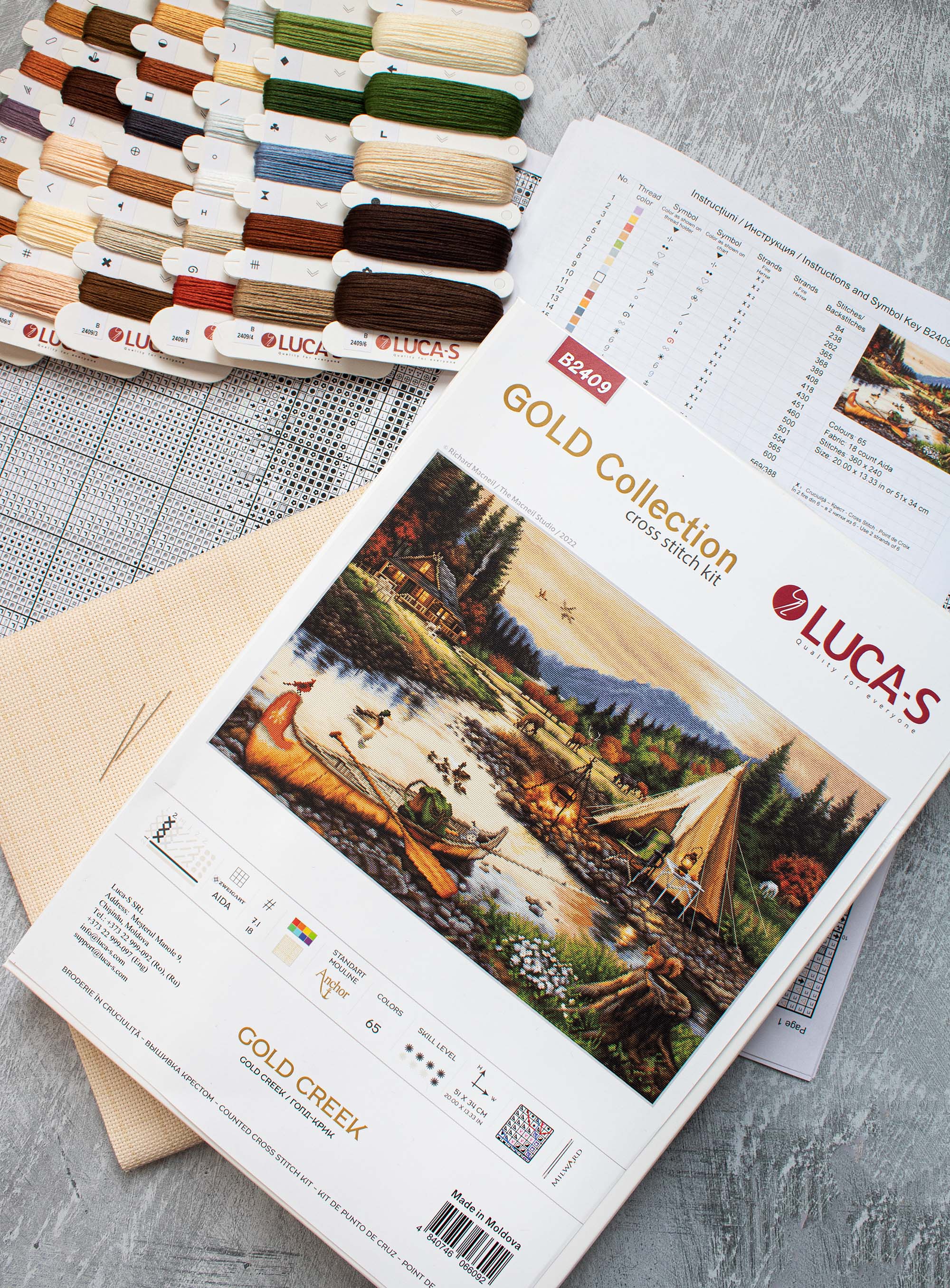 Luca-S Gold Creek Cross Stitch Kit by Elena Samarskaya, Zweigart Aida 18 ct Canvas Embroidery Set, 51 x 34 cm, 65 Colors, Difficulty 5/8, with Cotton Threads and Needles