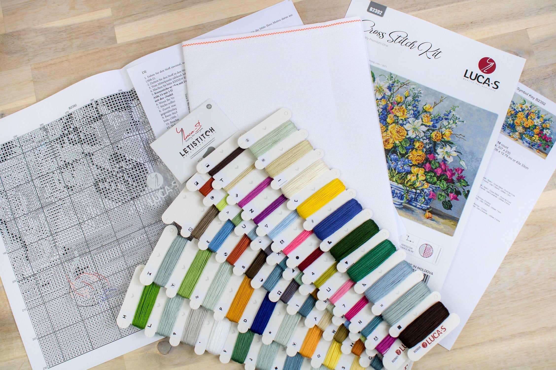 Luca-S B2392 From Gabrielle's Garden Counted Cross Stitch Embroidery Kit, Aida 18 Count Zweigart Fabric, Anchor Cotton Mouline, 43 x 33 cm, 65 Colors