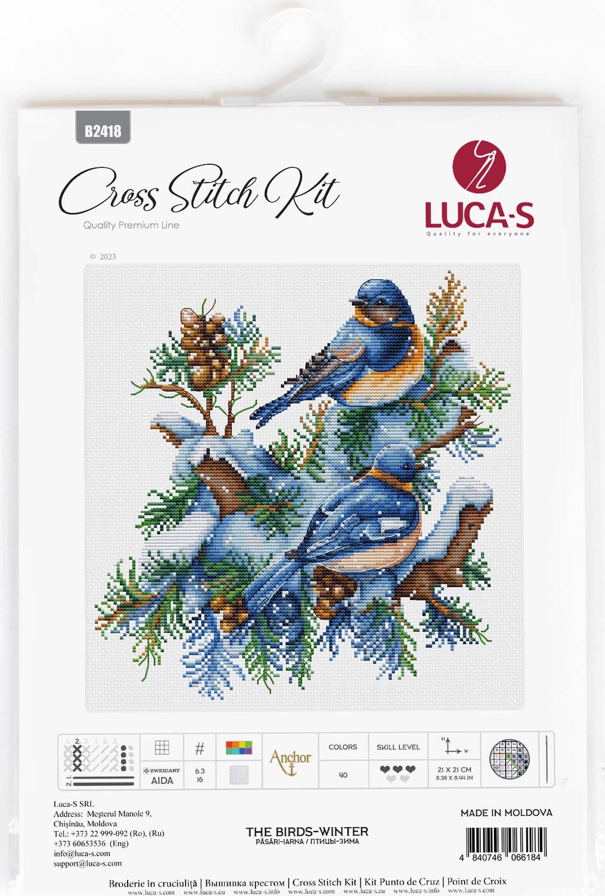 Luca-S B2418 The Birds-Winter Cross Stitch Kit, Zweigart Aida 16 Fabric, Anchor Cotton Thread, 21 x 21 cm, 40 Colors