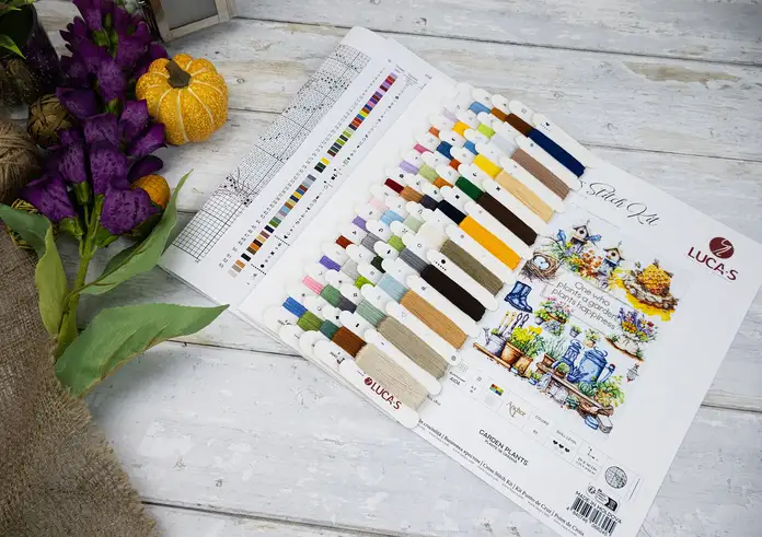 Luca-S B2424 Garden Plants Cross Stitch Kit, Zweigart Aida 16ct White Fabric, 53 Colors Anchor Cotton Thread, 29 x 40 cm Finished Size