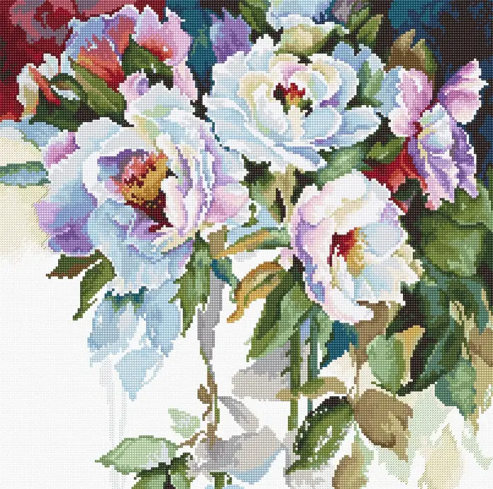 Luca-S B2400 White Roses Cross Stitch Kit, 32 x 32 cm, Aida 16 ct Zweigart Fabric, Anchor & Metallic Threads, 50 Colors