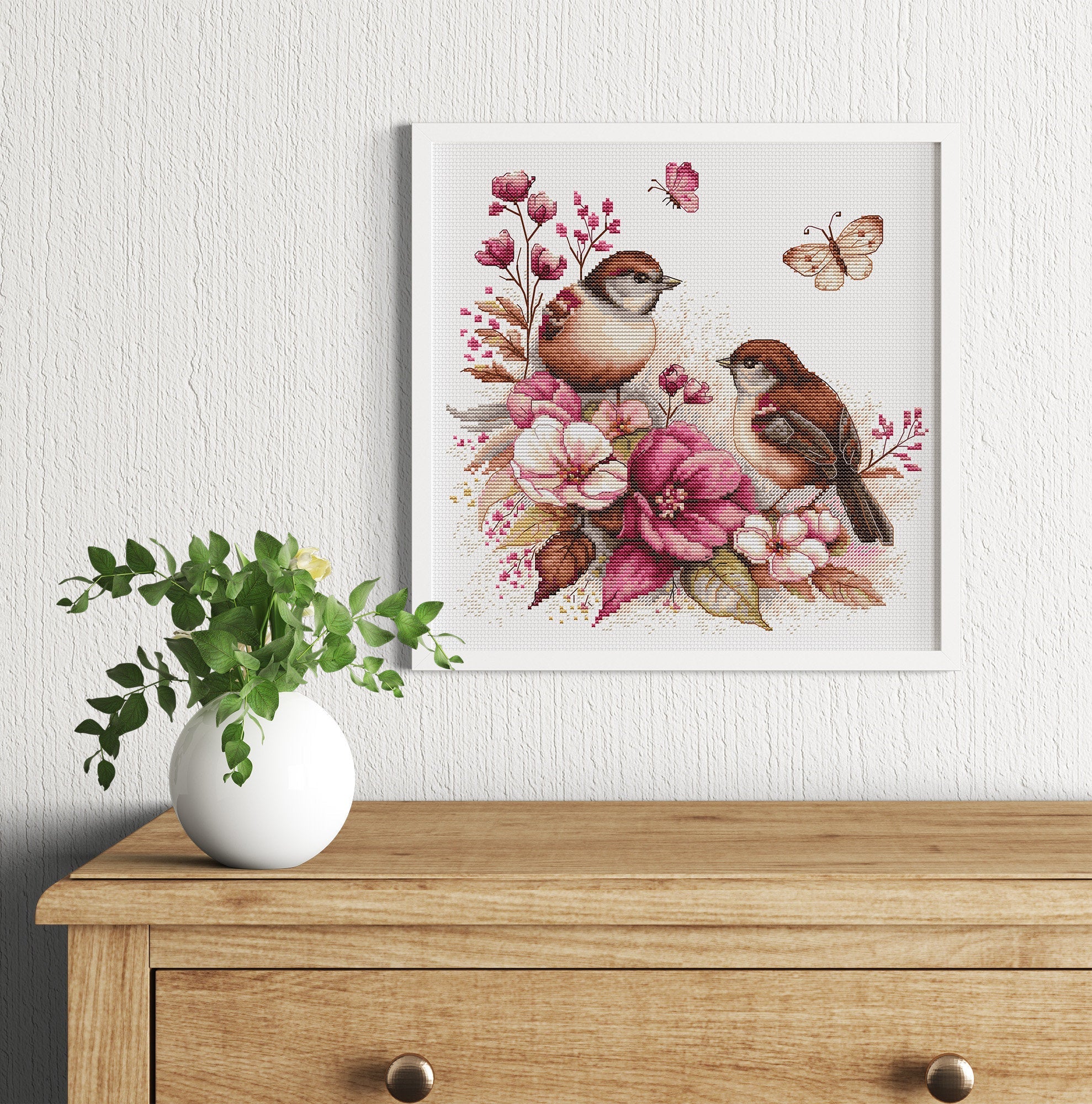Luca-S B2420 The Birds-Spring Cross Stitch Kit, 22 x 21 cm, Anchor Cotton Threads, Zweigart Aida 16 ct Fabric, Premium Line