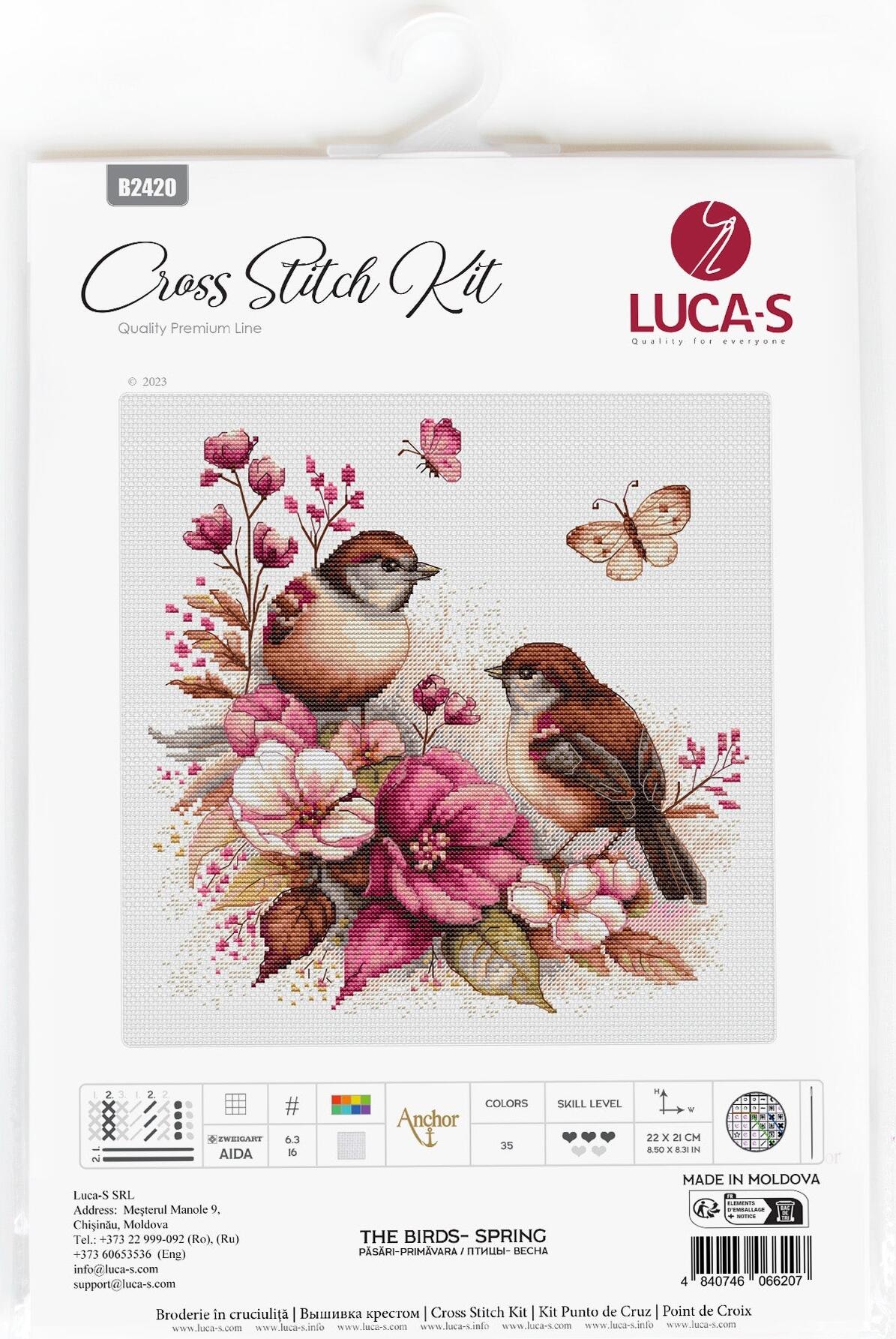 Luca-S B2420 The Birds-Spring Cross Stitch Kit, 22 x 21 cm, Anchor Cotton Threads, Zweigart Aida 16 ct Fabric, Premium Line