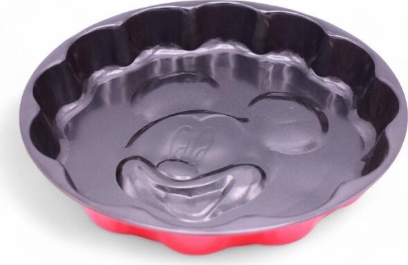 Mickey Mouse Round Metal Cake Pan with Non-Stick Black Interior and Red Exterior, Embossed Face Relief Bottom