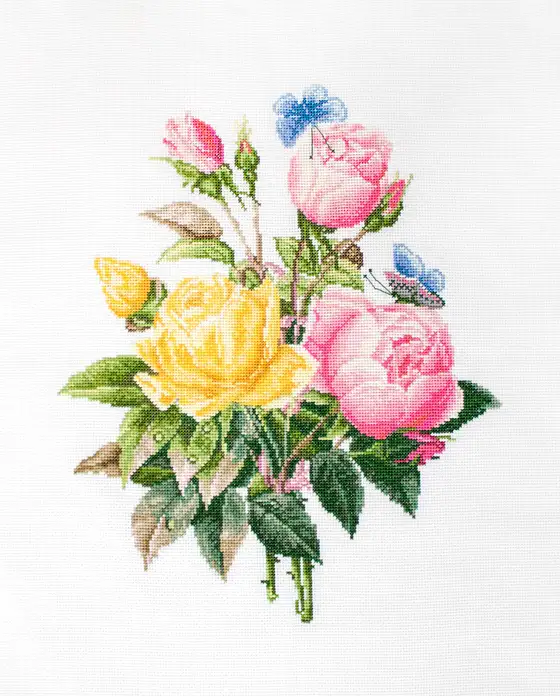 Kit Broderie Luca-S BU4003 Trandafiri galbeni si trandafiri Bengal, Material Aida 16 ct Zweigart, 25x30 cm, Include Firuri si Ac