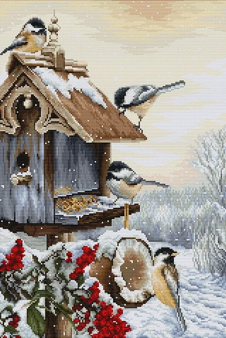 Kit Broderie în Cruce Luca-S BU4021 Căsuță pentru păsări, Material Aida 16 ct Zweigart, Ață de Bumbac 100%, 25.5x38 cm, Calitate Premium