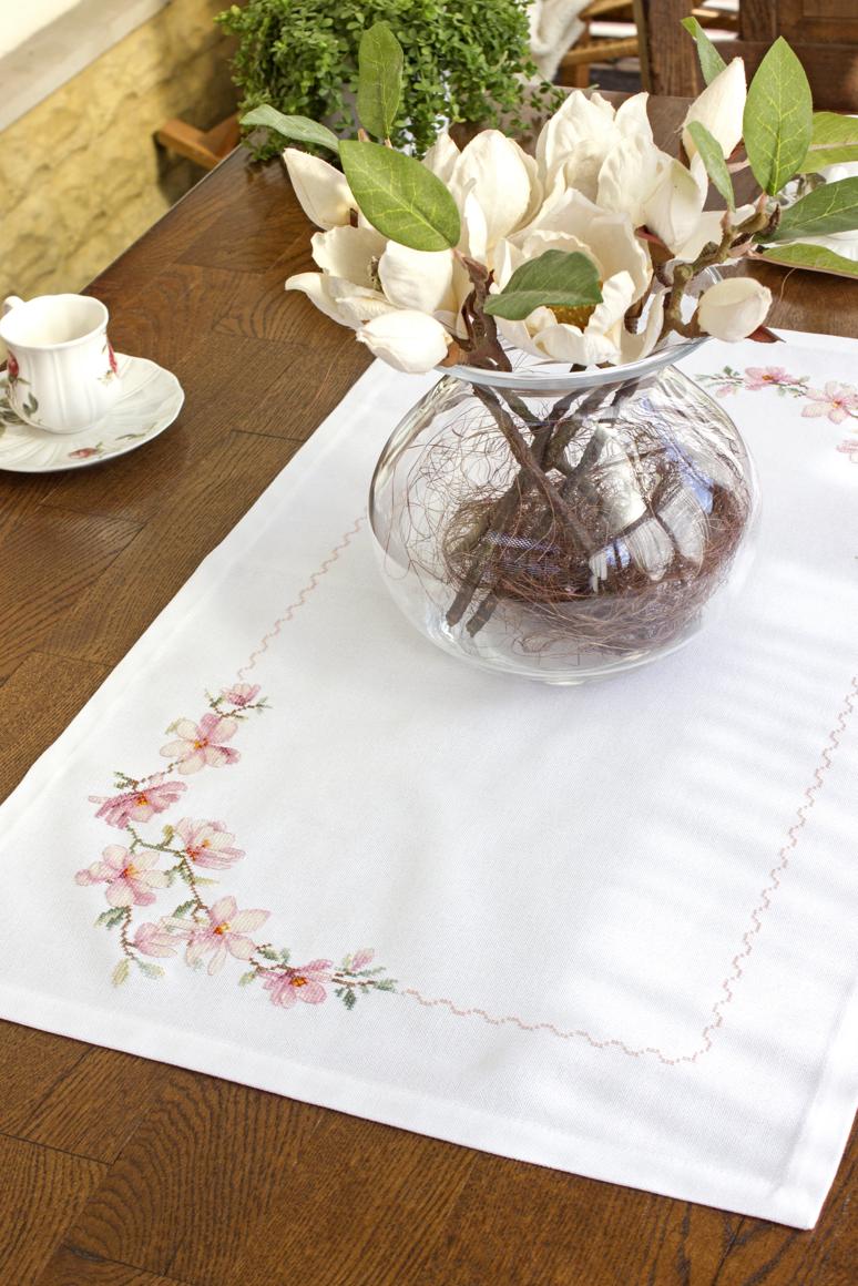 Luca-S FM003 Apple Blossom Table Topper Cross Stitch Kit, Zweigart Lugana 25 ct Fabric, 46x76 cm Finished Size, 27 Colors Anchor Thread