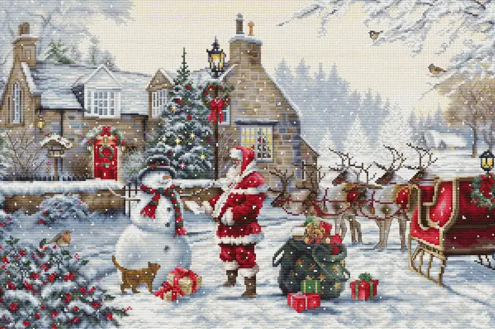 Kit Broderie Luca-S BU5011 Căsuța lui Moș Crăciun, Colecția Gold, Pânză Zweigart Aida 16ct, 48 x 32 cm, 66 Culori, Richard Macneil