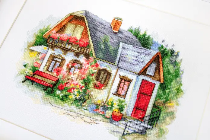 Luca-S BU4005 Beautiful Country House Cross Stitch Kit, Zweigart Aida 16 ct Fabric, 34x24 cm, Premium Quality Embroidery Set