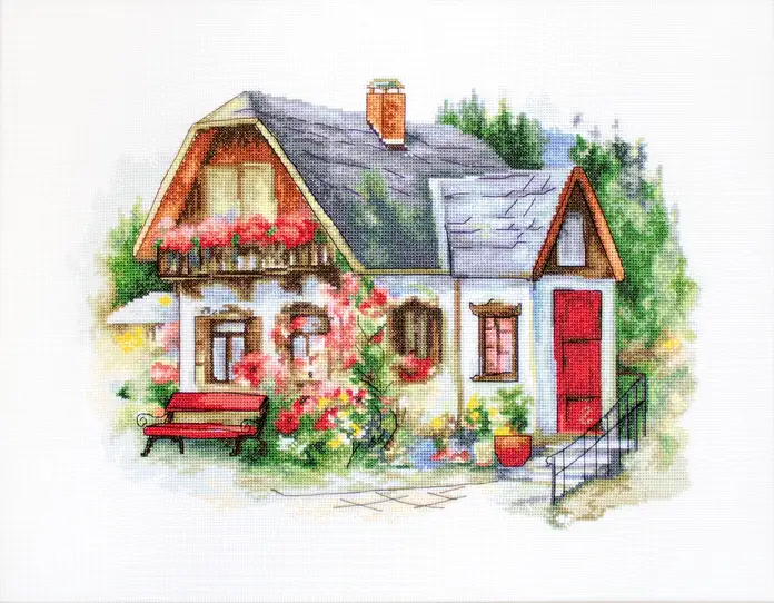 Luca-S BU4005 Beautiful Country House Cross Stitch Kit, Zweigart Aida 16 ct Fabric, 34x24 cm, Premium Quality Embroidery Set
