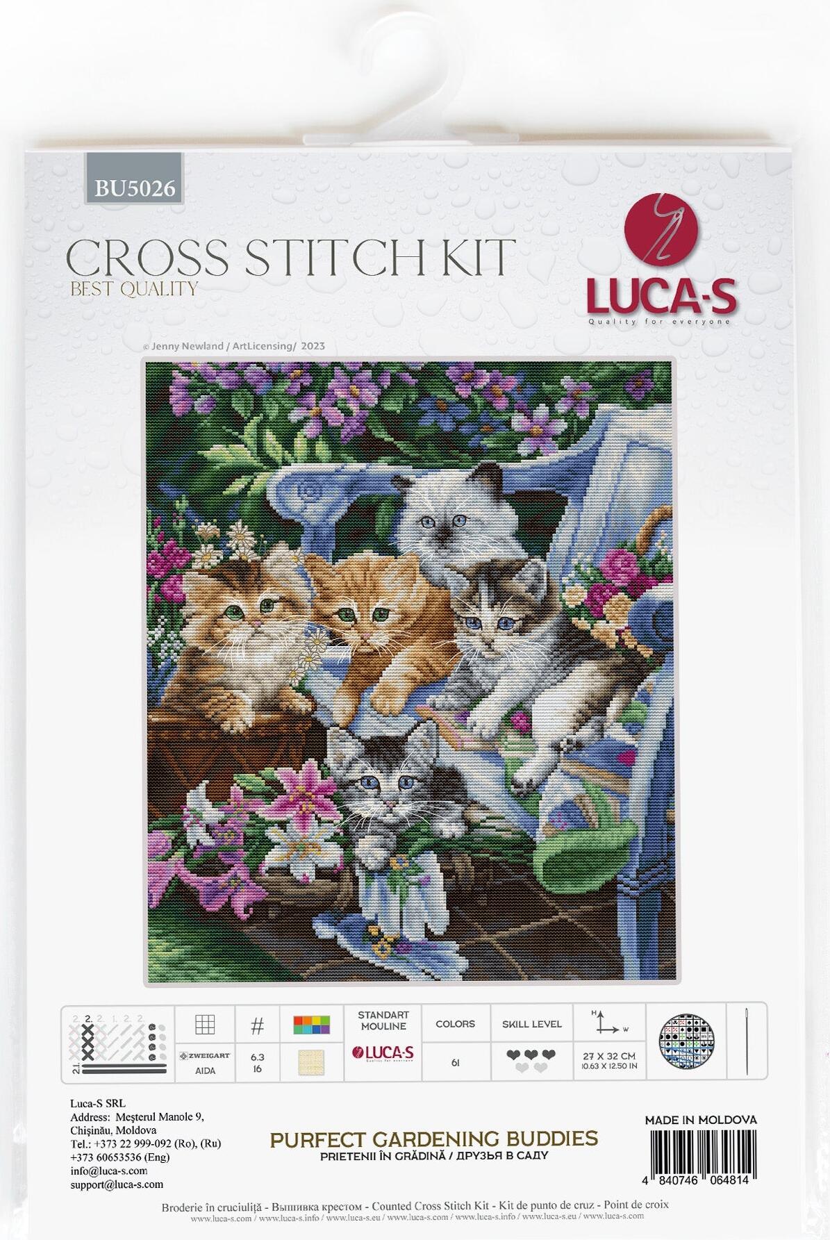 Kit Broderie Luca-S BU5026 Prietenii în grădină, Material Zweigart Aida 16, 27 x 32 cm, 61 Culori, Ață 100% Bumbac