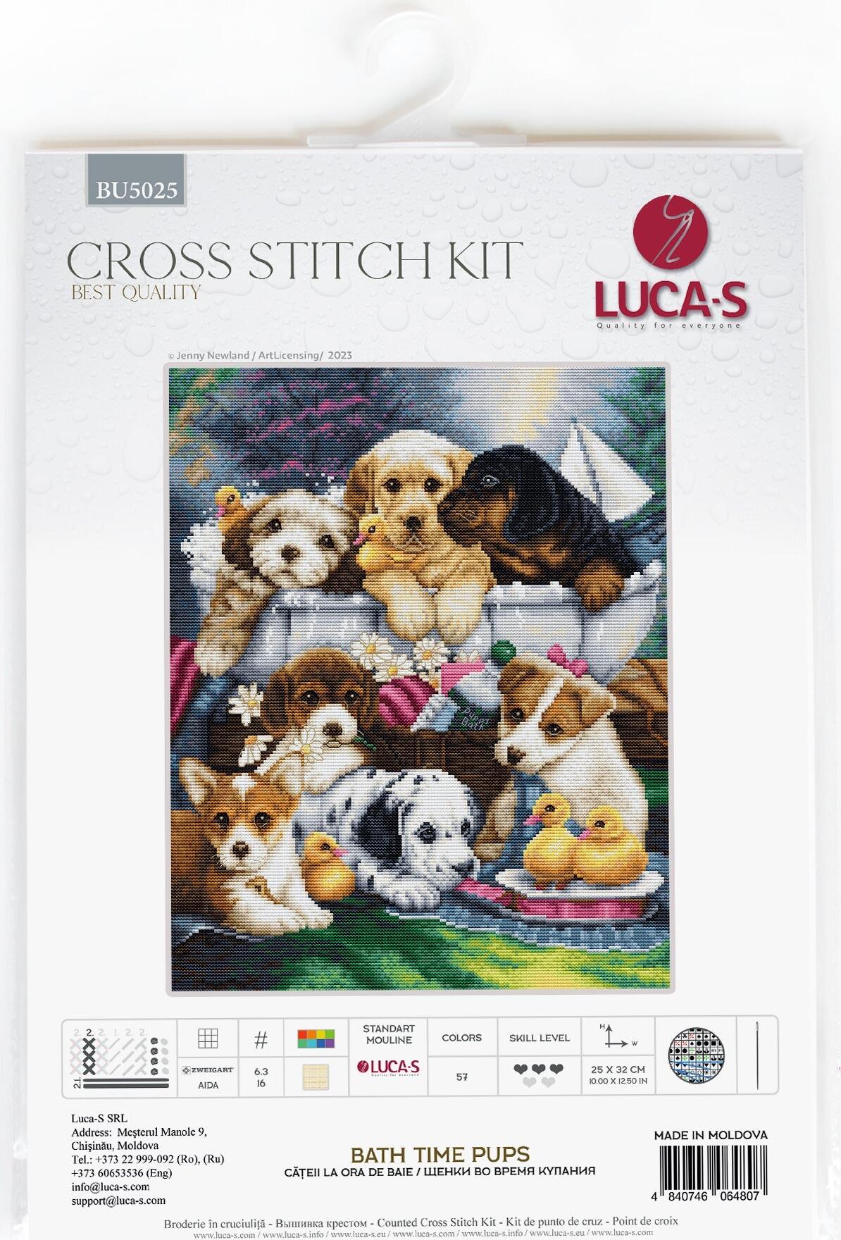 Kit Broderie Luca-S BU5025 Cățeii la ora de baie, 160x200 Puncte, 25x32 cm, Material Zweigart Aida 16, 57 Culori, Ață 100% Bumbac