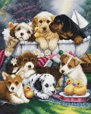 • Dimensiunea broderiei: 10.00 x 12.50 in or 25 x 32 cm Numărul de cruciulițe: 160 x 200 Culori: 57 Ață: Luca-S 100% bumbac Pânză: Zweigart Aida16 carioată (3464) 39 x 46 cm Ace de brodat №26 - 2 ace Schema este parțial colorată și contur colorat - 8 coale A3 Nivel de dificultate: 3/5 Artist: Jenny Newland Set de brodat în cruciuliță Luca-S Cross Stitch Kit Luca-S - BU5025 Cățeii la ora de baie
