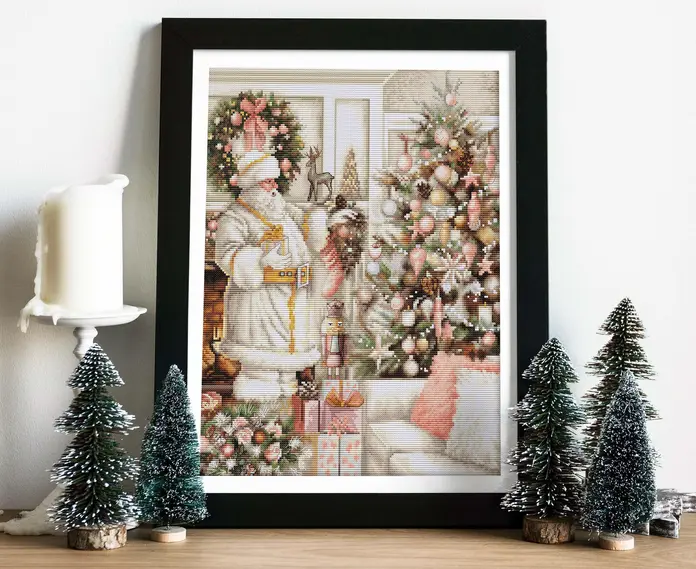 Luca-S BU5019 White Santa With Christmas Tree Cross Stitch Kit, 25 x 32 cm, 16ct AIDA Fabric, 57 Colors, 100% Cotton Thread