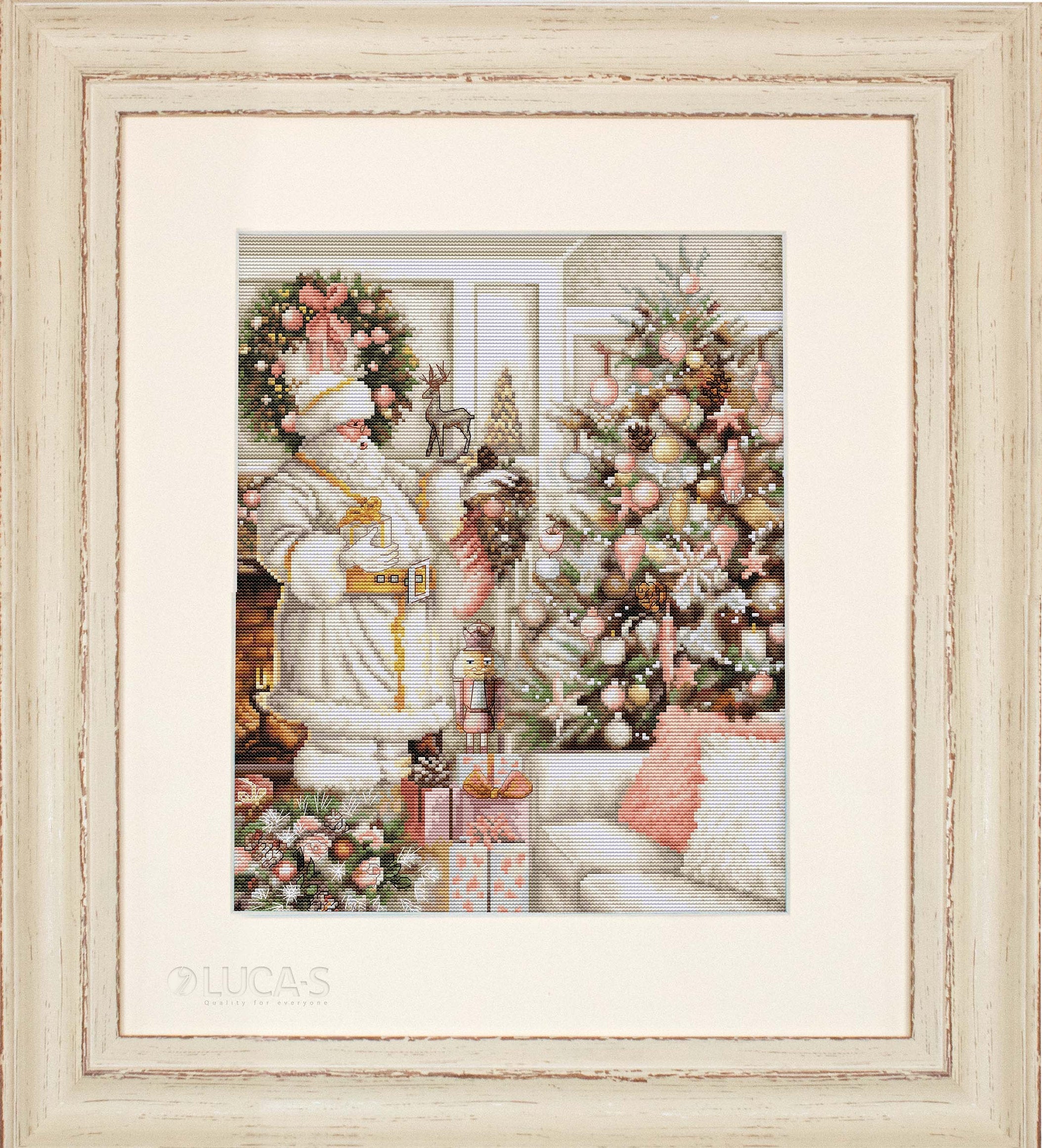 Luca-S BU5019 White Santa With Christmas Tree Cross Stitch Kit, 25 x 32 cm, 16ct AIDA Fabric, 57 Colors, 100% Cotton Thread