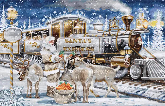 Luca-S BU5038 Santa's Express White Cross Stitch Kit, Gold Collection by Richard McNeil, 54 x 35 cm, Zweigart Aida 16 ct White Fabric