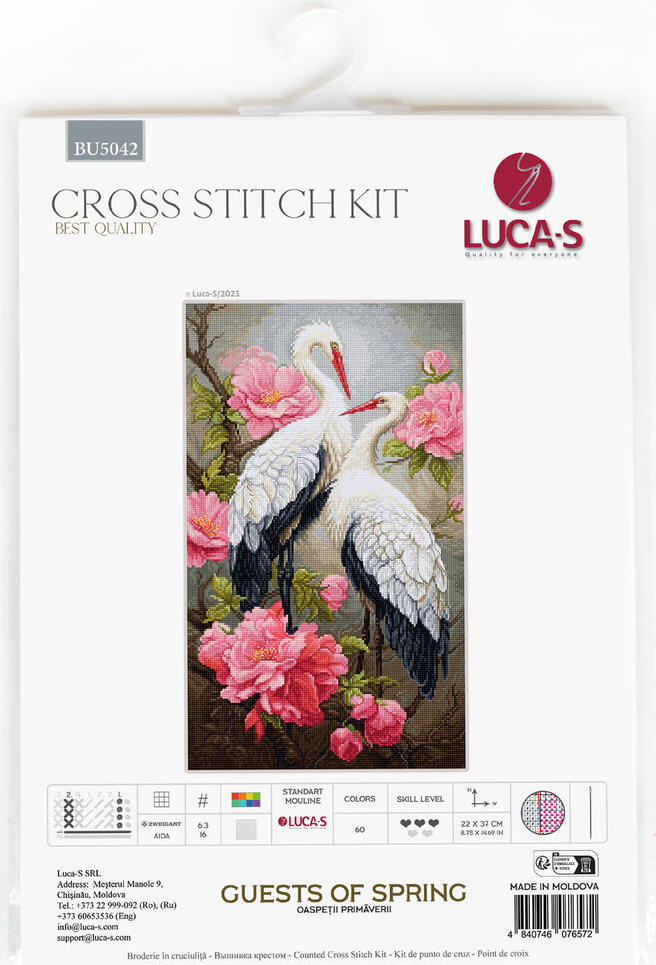 Kit Broderie Luca-S BU5042 Oaspeții Primăverii, Punct Cruce, 22 x 37 cm, Material Zweigart Aida 16 ct, 60 Culori, Fir Bumbac 100%