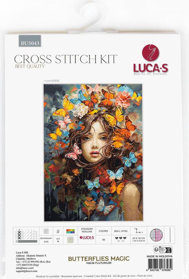 Kit Broderie Luca-S BU5043 Magia Fluturilor, 29 x 40 cm, Material Zweigart Aida 16ct, 58 Culori, Fir 100% Bumbac