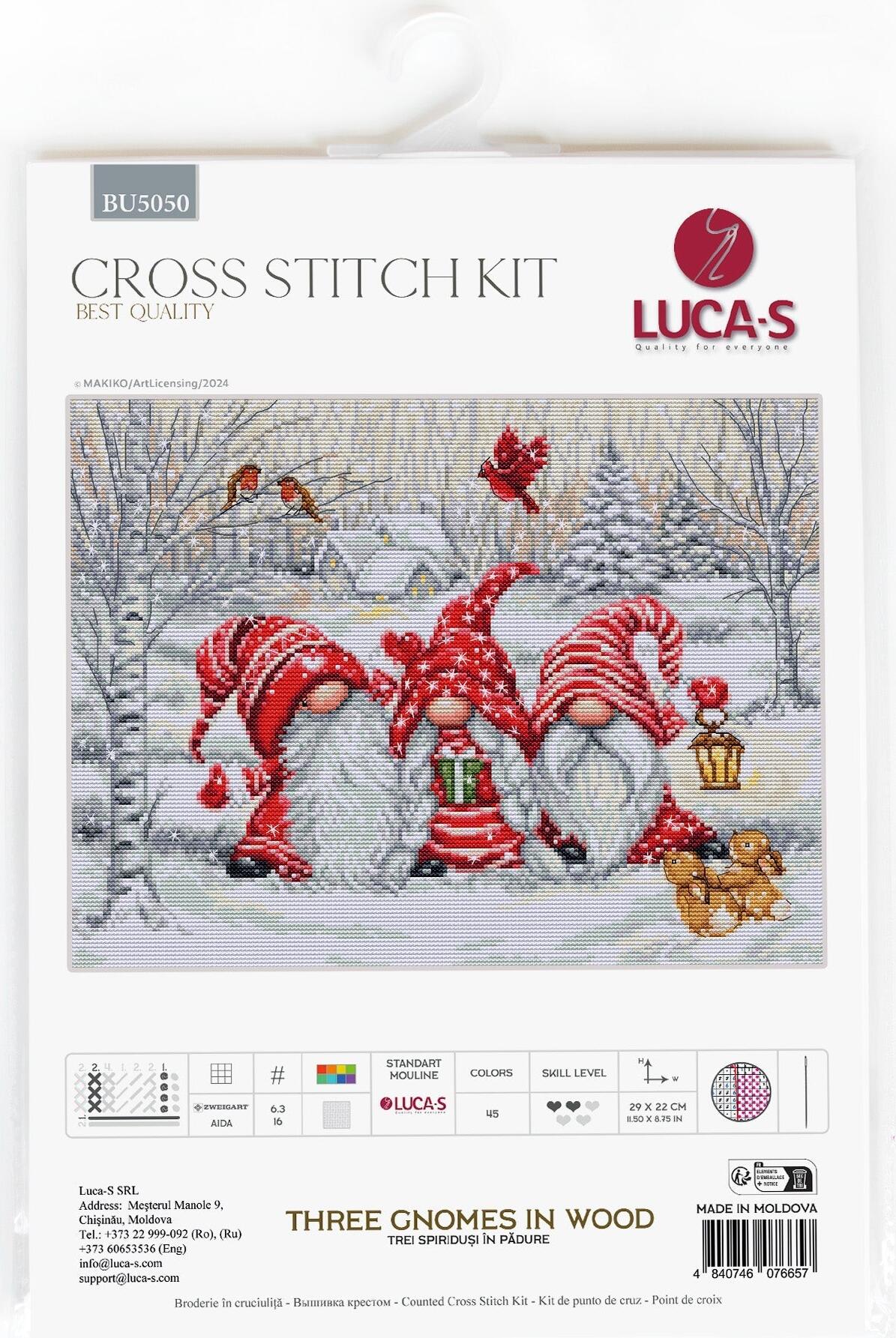 Luca-S BU5050 Three Gnomes in Wood Cross Stitch Kit, 100% Cotton Threads, Aida 16 ct White Fabric, 29 x 22 cm Finished Size, 45 Colors