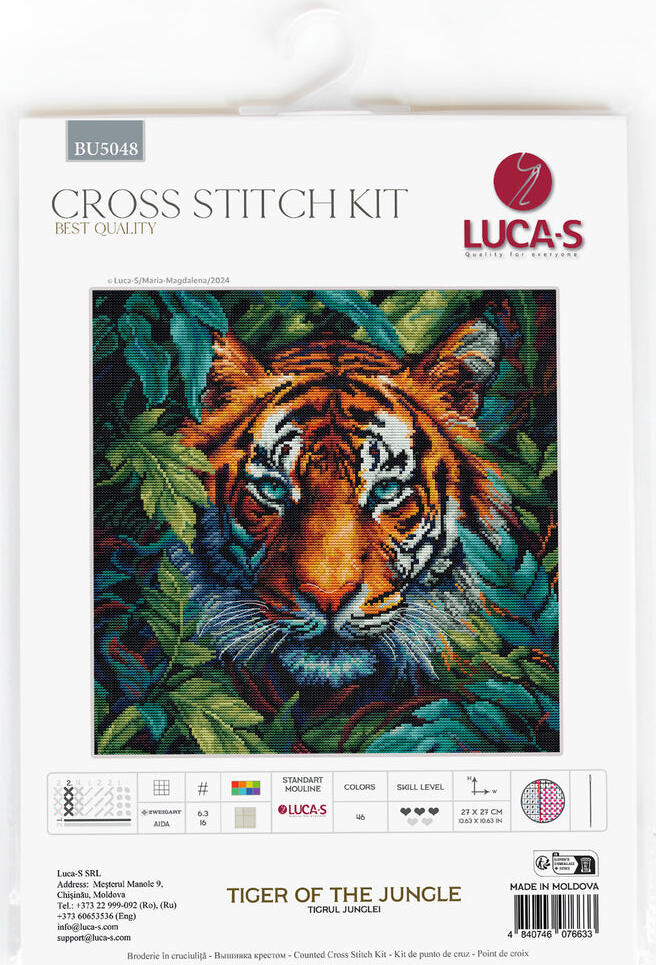Luca-S BU5048 Tiger of the Jungle Cross Stitch Kit, Zweigart Aida 16 ct Fabric, 27 x 27 cm Embroidery Size, 46 Colors, 100% Cotton Thread
