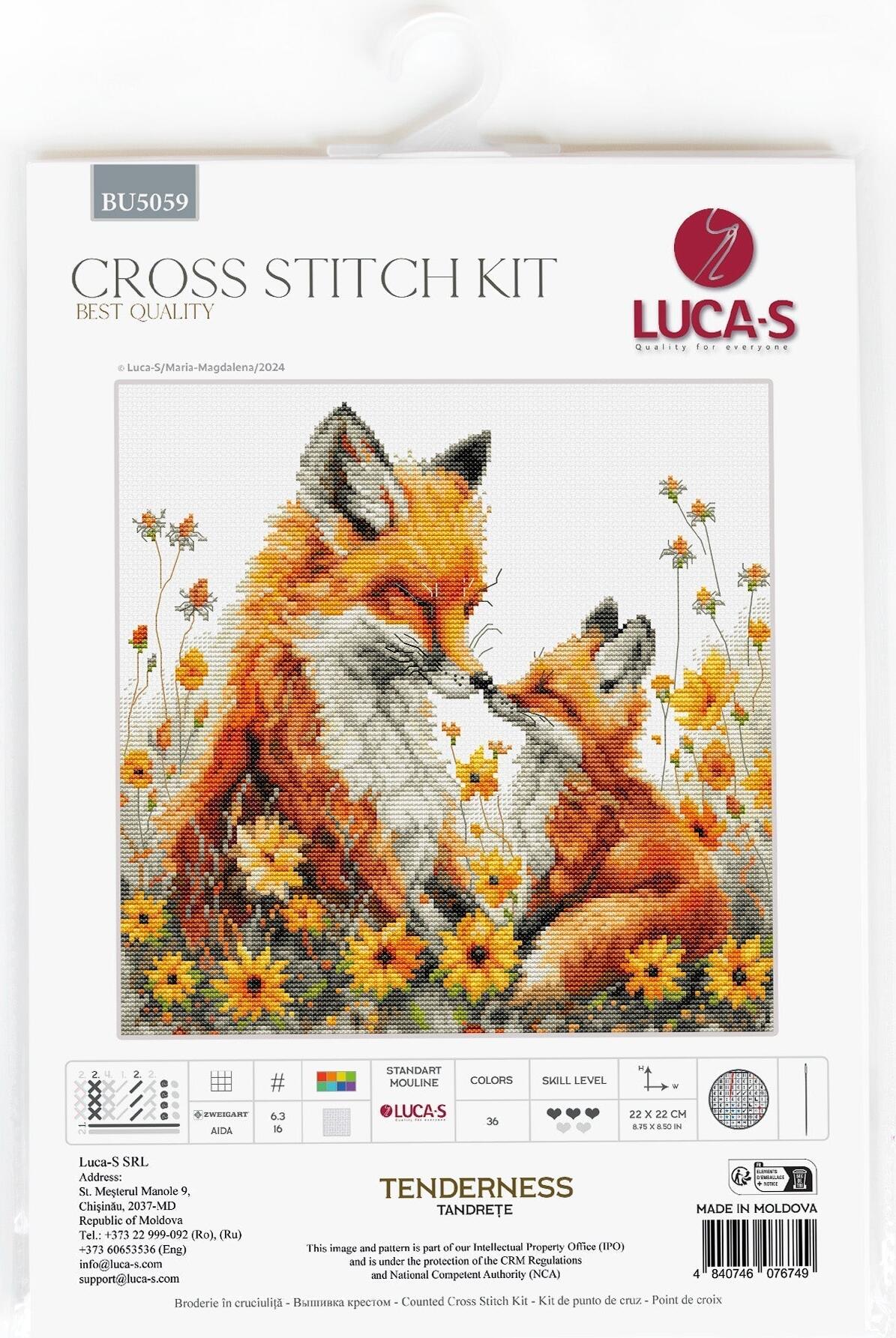 Luca-S BU5059 Tenderness Cross Stitch Kit, 22x22 cm, Zweigart Aida 16 ct Fabric, 36 Colors, 100% Cotton Thread