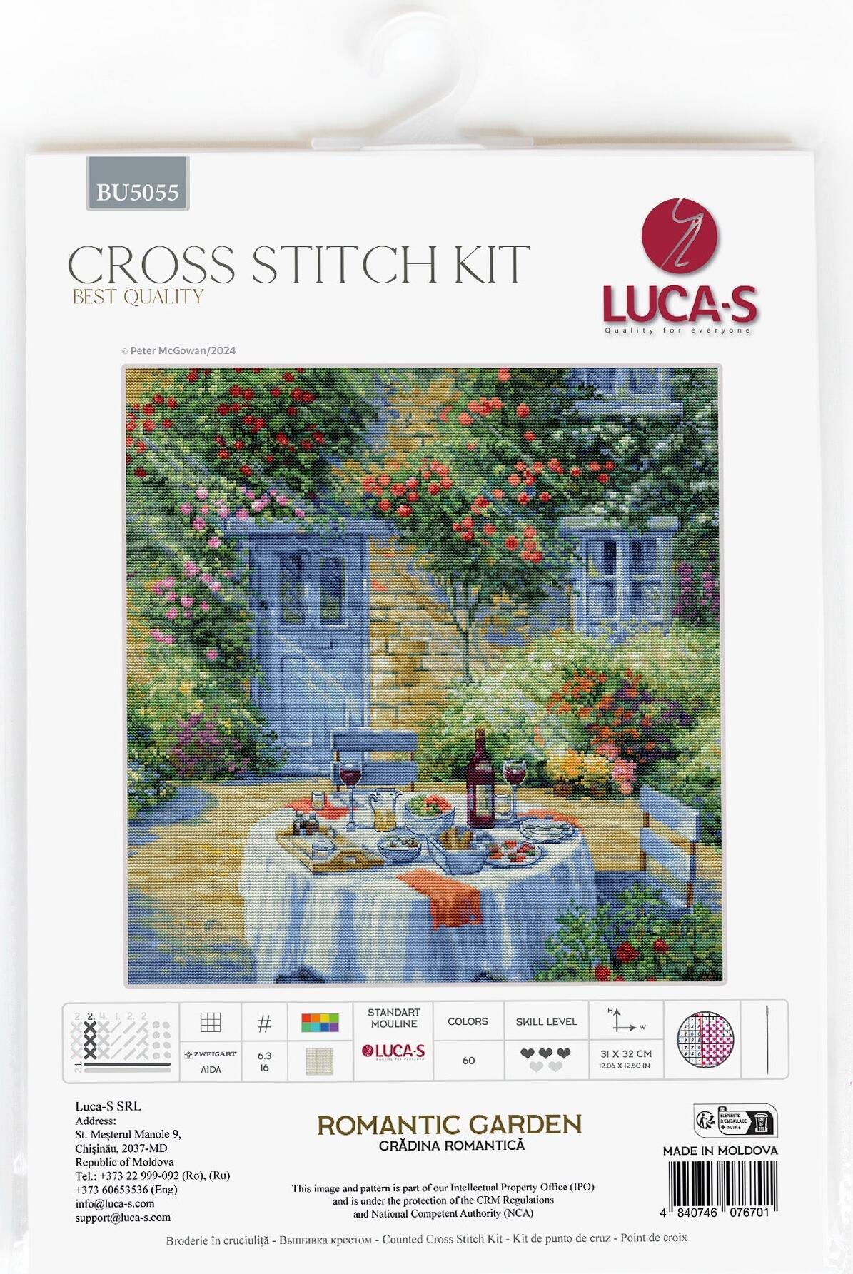 Kit Broderie Luca-S BU5055 Grădina Romantică Peter McGowan, Material Zweigart Aida 16ct, 31 x 32 cm, 60 Culori, Ață 100% Bumbac