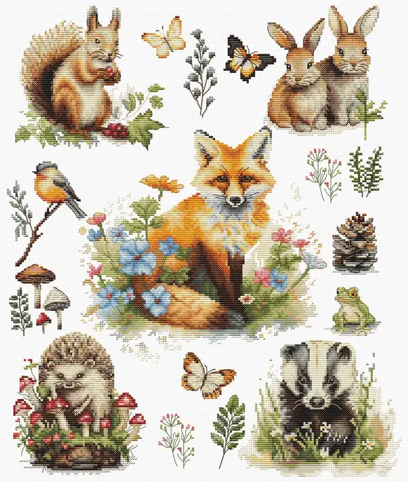 Kit Broderie în Cruce Luca-S BU5057 Animale de Pădure, Material Zweigart Aida 16ct, Ață 100% Bumbac, Dimensiune Finală 30 x 36 cm, 57 Culori