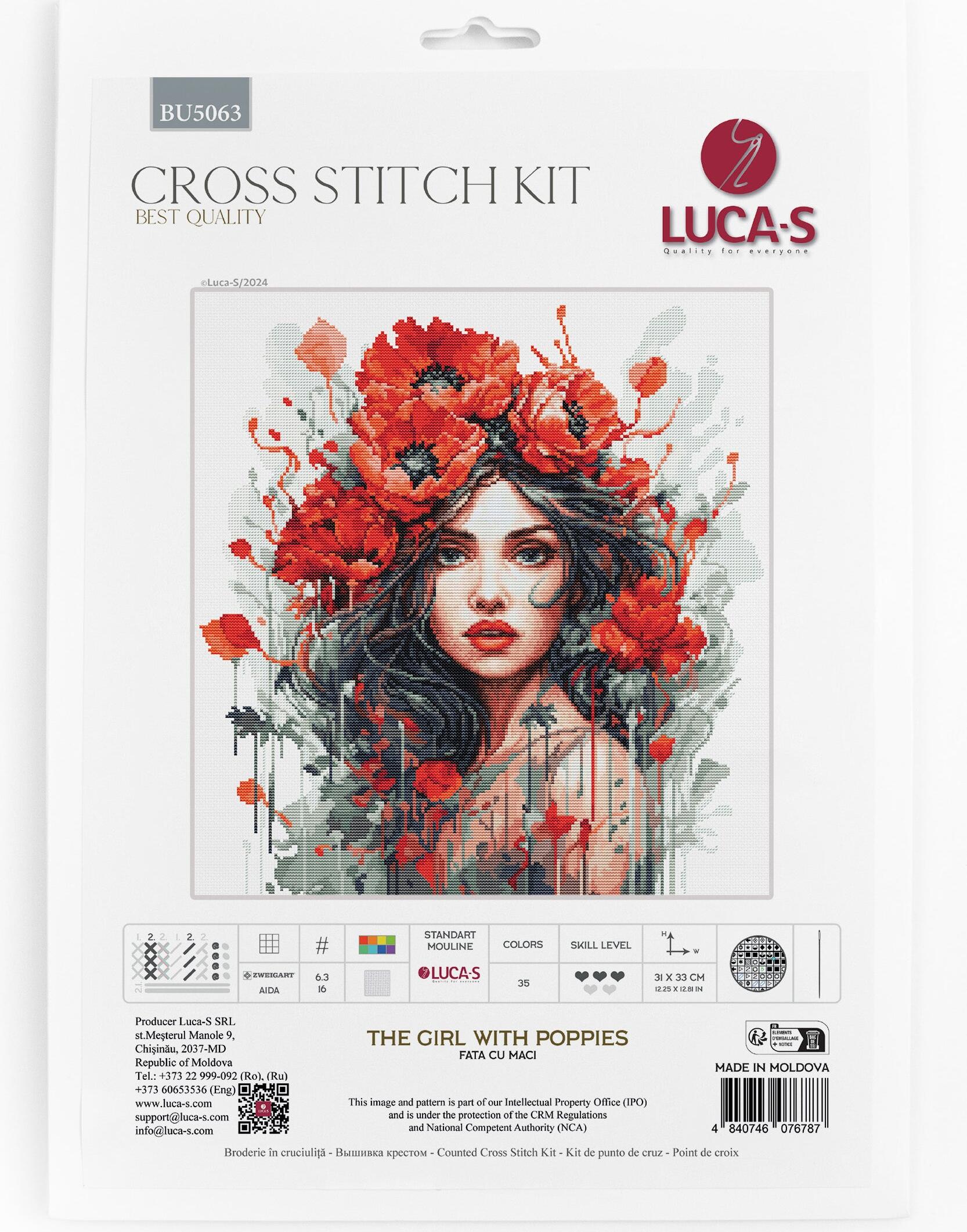 Набор для вышивания Luca-S BU5063 Девушка с маками, ткань Zweigart Aida 16 ct, 31 x 33 см, 35 цветов, нити 100% хлопок