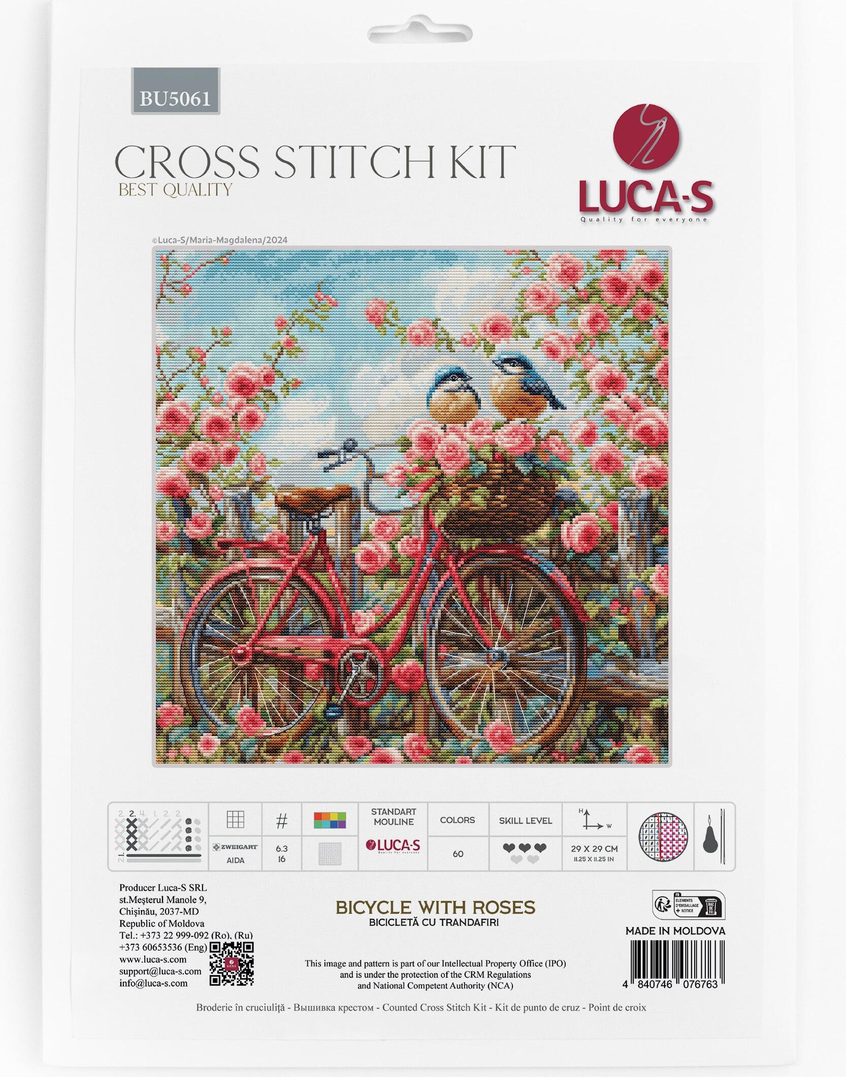 Set de brodat în cruciuliță Luca-S BU5061 Bicicletă cu Trandafiri, Material Zweigart Aida 16ct, 180x180 Puncte, 60 Culori, 29x29 cm, Fir 100% Bumbac