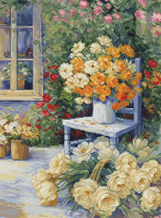Kit Broderie Luca-S BU5056 Colț de Grădină Peter McGowan, Aida 16ct, 27 x 36.5 cm, 59 Culori, Fire 100% Bumbac
