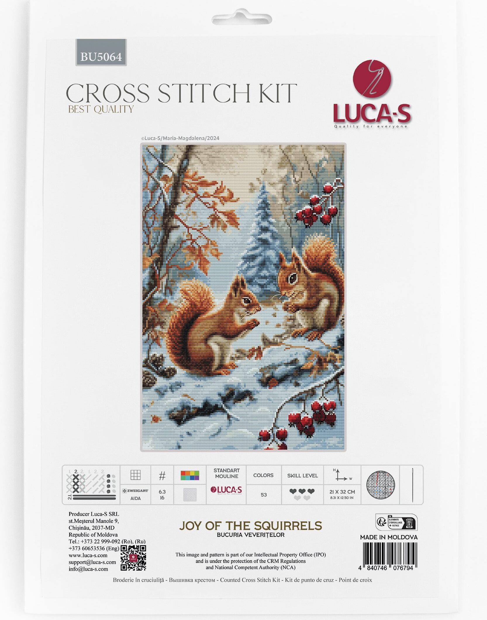 Luca-S BU5064 Joy of the Squirrels Cross Stitch Kit, Zweigart Aida 16 ct Fabric, 100% Cotton Thread, 21 x 32 cm Finished Size, 53 Colors